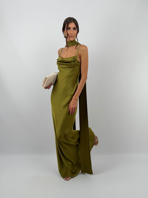 Selene™ | Vestido Satinado Largo con Foulard