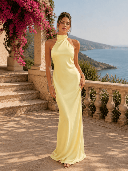 Marina — Vestido Largo de Satén con Escote Halter | VeraLorenti