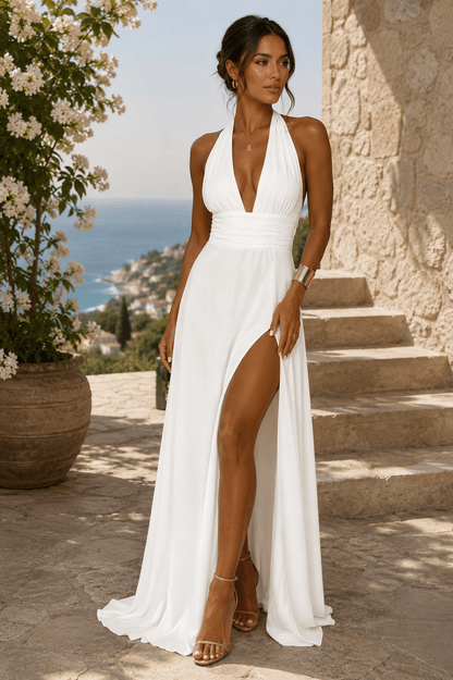 Camila — Vestido Largo Halter con Abertura Alta |VeraLorenti