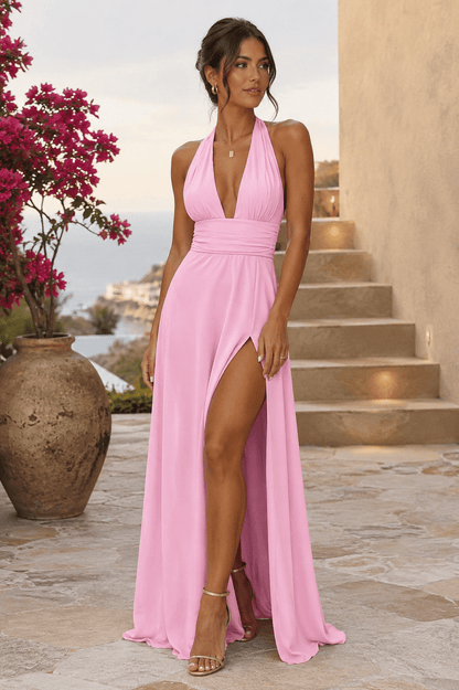 Camila — Vestido Largo Halter con Abertura Alta |VeraLorenti